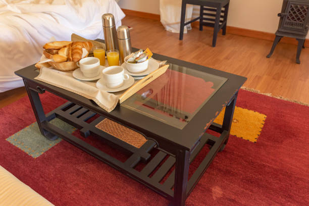Continental breakfast in a rural lodging room
