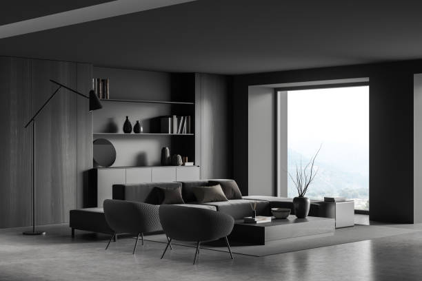 istock Grey chill room interior with sofa and seats, panoramic window 1405214395