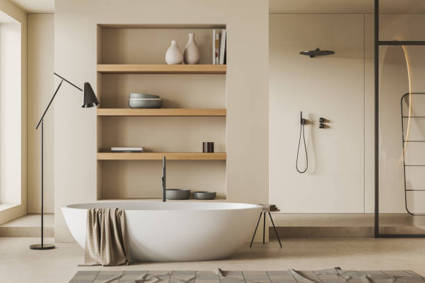 istock Light bathroom interior with tub, shower and shelf with decoration 1405214678