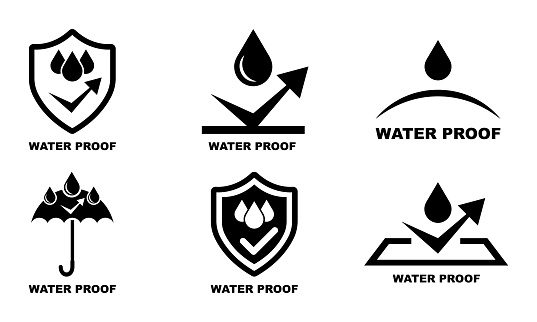 Waterproof icons vector set on white background. Protection from water sign. Liquid protection icons. Impermeable properties material. Resistant from water.