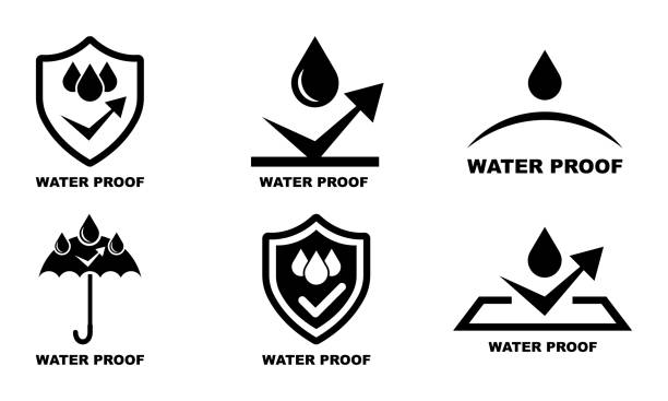 Waterproof icons vector set on white background. Protection from water sign. Liquid protection icons. Impermeable properties material. Waterproof icons vector set on white background. Protection from water sign. Liquid protection icons. Impermeable properties material. Resistant from water. waterproof stock illustrations