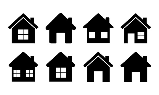 Home icon vector. House symbol. Black silhouette with homes icons. Web Homepage sign. Vector set.