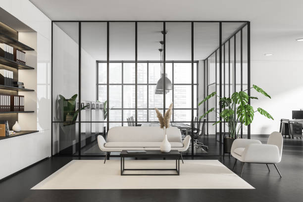 istock Office interior with chill zone and meeting room, shelf and panoramic window 1405214740