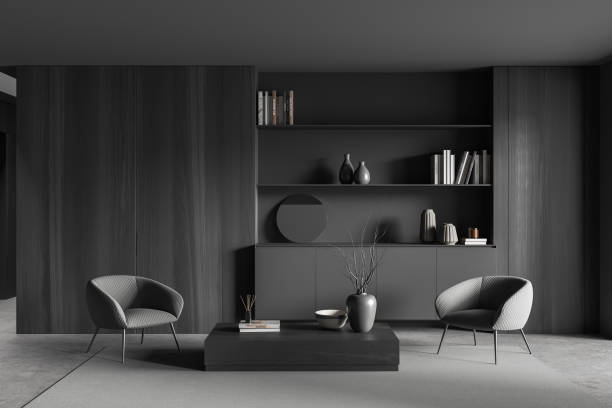 istock Front view on dark living room interior with two armchairs 1405215912