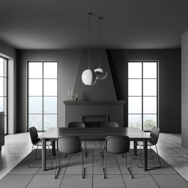 istock Dining room interior with chairs and fireplace, panoramic window 1405216124