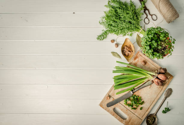 Fresh green onion and dill, text space, topview
