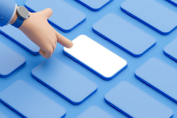 istock Cartoon hand point at phone in row, mockup empty screen 1405216468