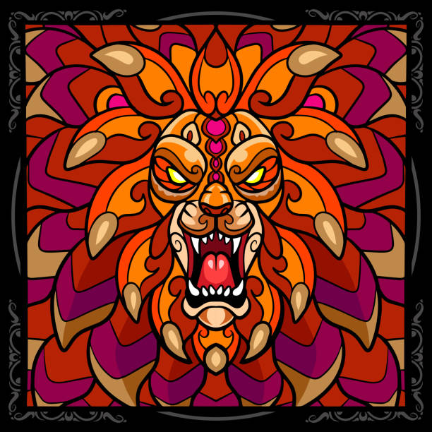 istock Colorful lion head doodle arts. isolated on black background 1405216573