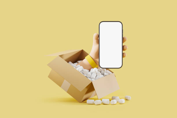 istock Cartoon hand with phone, parcel delivery. Mockup copy space 1405216600
