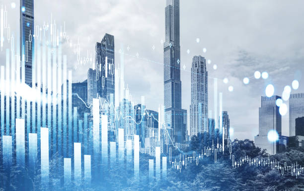 istock Forex graph changes, candlesticks and lines with bars. New York skyscrapers 1405216712