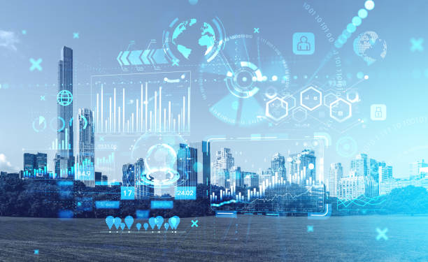istock Graph chart with data, lines and numbers, earth globe and New York city 1405216787