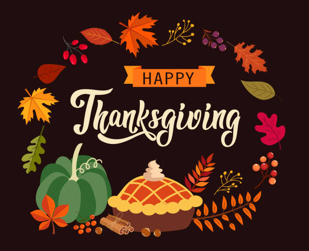 Thanksgiving greeting card. vector image. leaves, pumpkin, calligraphy flyposting illustrations stock illustrations