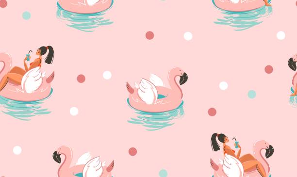 Hand drawn vector stock abstract cute summer time cartoon illustrations seamless pattern with unicornand flamingo rubbers rings and dolphins isolated on pink background Hand drawn vector stock abstract cute summer time cartoon illustrations seamless pattern with unicornand flamingo rubbers rings and dolphins isolated on pink background. polka dot bathing suit stock illustrations