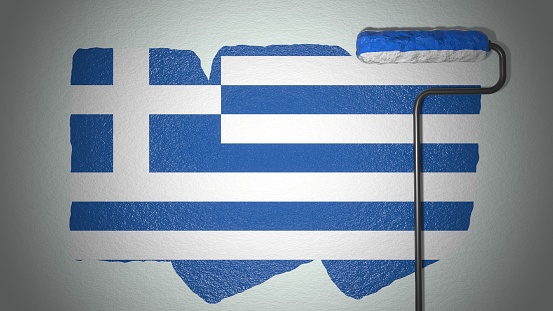 Roller paints the wall in colors of Greek flag.  Travel concept. Greece. 3d render.