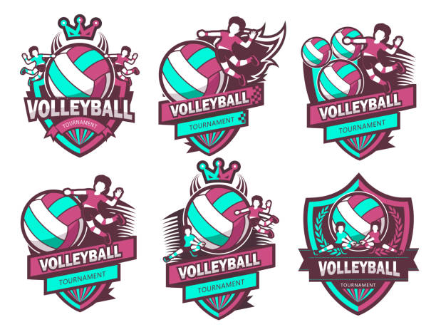 ilustraciones, imágenes clip art, dibujos animados e iconos de stock de un grupo de moderno conjunto de símbolos de voleibol - hockey cesped