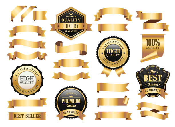 золотые значки и ленты набор - лента для шитья stock illustrations