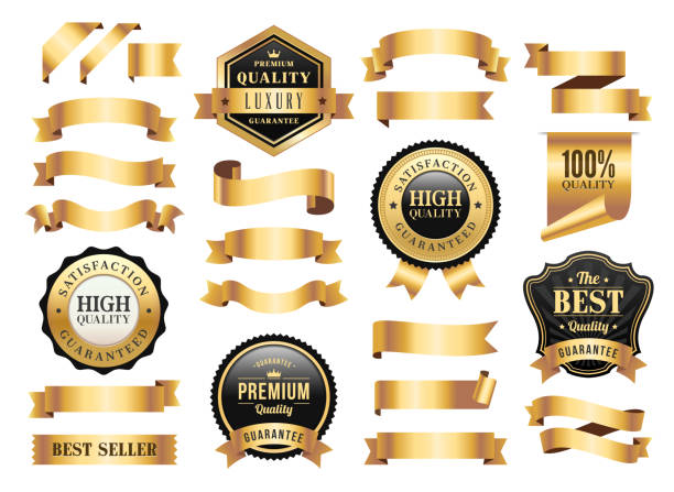 Gold Badges and Ribbons Set Vector illustration of the gold badges and ribbons set. web banner stock illustrations