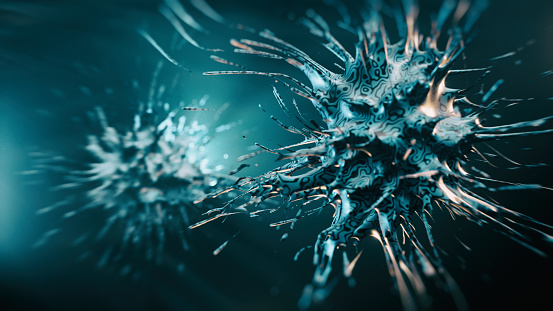 Viral Infection Monkeypox Virus - 3d rendered image. Abstract biomedical illustration. 
Antibody, Antigen, Vaccine technology concept. Science research, healthcare and medecine.