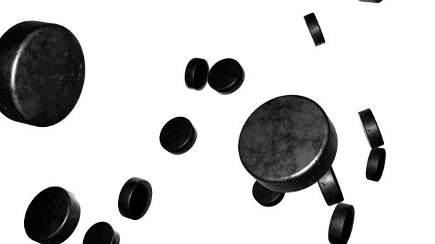 Many hockey pucks on white background. Hockey sport concept. 3d render.