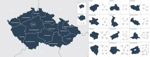 Vector illustration of Vector color detailed map of Czech Republic with administrative divisions of the country, each regions is presented separately in highly detailed and divided into districts