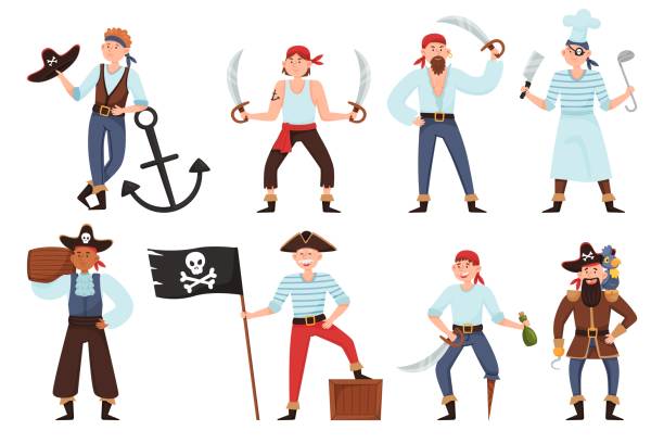 Cartoon pirates. Funny ship crew, cute men in retro costumes, sea bandits, jolly roger flag with skull, male smiling sailor, cook and captain hold sword, chest with treasure, recent vector set Cartoon pirates. Funny ship crew, cute men in retro costumes, sea bandits, jolly roger flag with skull, male smiling sailor, cook and captain hold sword, chest with treasure recent vector isolated set crewmembers stock illustrations