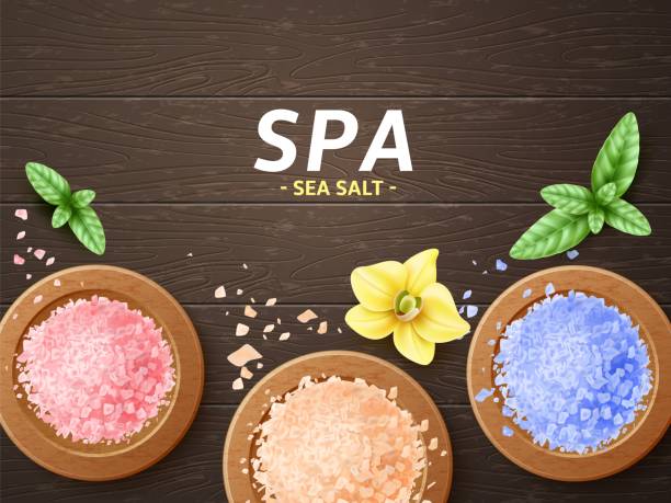 istock Realistic bath salt frame. Spa and wellness color crystals, relaxing baths, beauty and healthy skin, crystals in wooden bowl, cosmetic with flowers, aromatherapy and skincare vector concept 1405224894