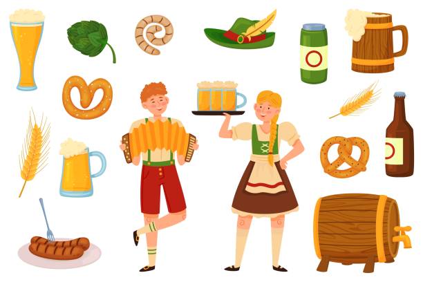 ilustrações de stock, clip art, desenhos animados e ícones de beer fest elements. german munich festival food and drink, beer holiday, happy characters in folk traditional clothes, wooden barrel, mugs with foamy drinks, recent vector set - german cuisine illustrations