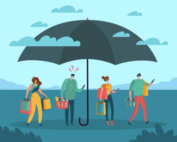 istock Consumer protection. Quality assurance and product insurance, online support service, safety of purchase, men and women with shopping bags under umbrella. Vector cartoon flat concept 1405224899