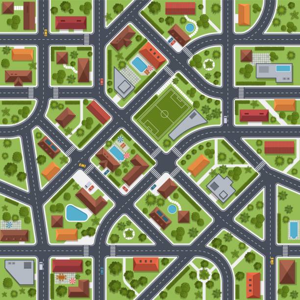 widok z mapy ulicy z góry. infrastruktura transportu miejskiego, plan dróg miejskich, dachy domów na zielonych dziedzińcach, krzewy i drzewa, stadion i basen, bezszwowa tekstura, obecnie koncepcja wektorowa - seamless house pattern town stock illustrations