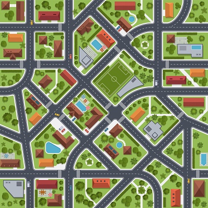 Street map top view. City transport infrastructure, urban roads plan, houses rooftops in green courtyards, bushes and trees, stadium and swimming pool, seamless texture nowaday vector isolated concept