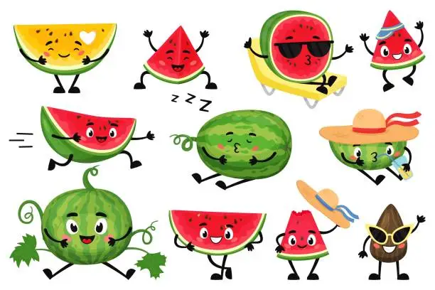 Vector illustration of Cartoon watermelon characters. Funny juicy fruit with cute faces, hands and feet, smiling summer berries, happy emotions. Whole, pieces and slices food, mascot recent vector isolated set