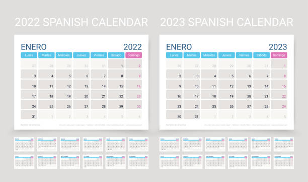 spanischer kalender 2022 2023. planer-vorlage. vektorillustration. zeitplanraster des unternehmens. - calendar february desk computer stock-grafiken, -clipart, -cartoons und -symbole