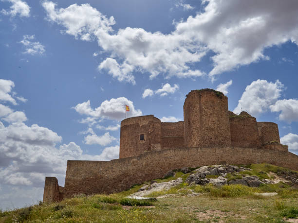 Consuegra, Spain - May 1, 2022: Castle of Consuegra, also called Castle of La Muela, in Cerro Calderico. Province of Toledo, La Mancha, Spain, Europe