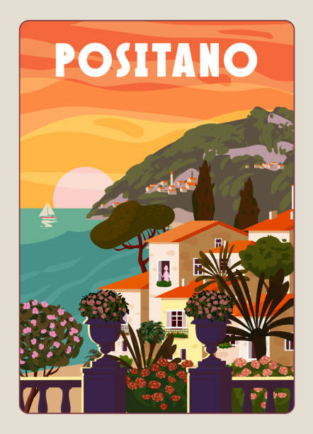 Positano Coast Italy, mediterranean romantic landscape, mountains, seaside town, sea. Retro poster travel, postcard vector illustration isolated