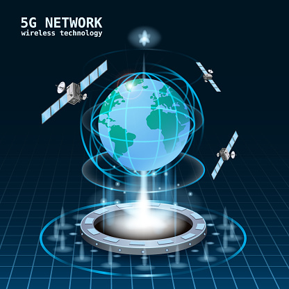 5G Network global internet technology futuristic portal, hologram, high speed data transmission satellite communication. Satellites, Earth, space wireless technology. Vector isolated illustration