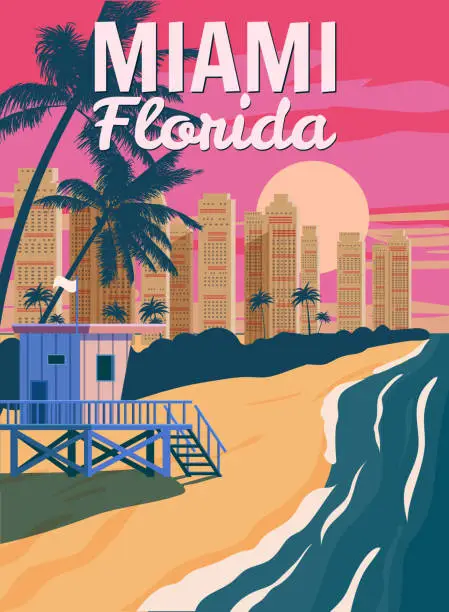 Vector illustration of Miami Florida, City Skyline, Retro Poster. Sunset, Lifeguard house, coast, surf, ocean. Vector illustration vintage