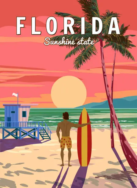 Vector illustration of Florida Soutn Beach Retro Poster, surfer with surfboard. Lifeguard house on the beach, palm, coast, surf, ocean. Vector illustration vintage
