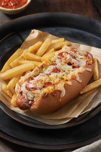 Baked Pepperoni Pizza Hot Dog with Fries