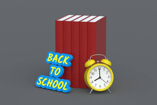 wort zurück zur schule in der nähe von büchern und wecker. bildungskonzept. 3d-rendering - back to school equipment capital letter clock stock-fotos und bilder