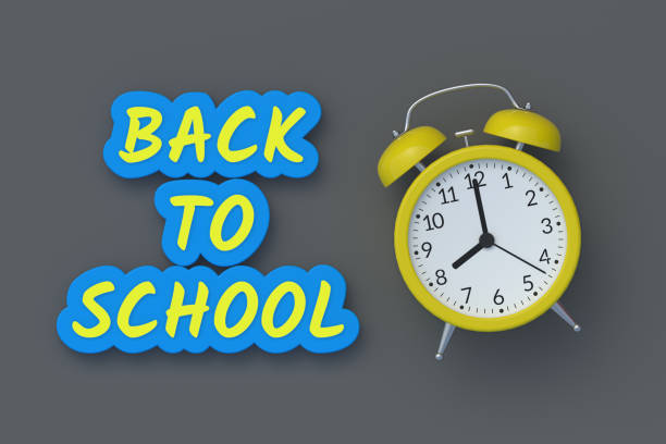 nachricht zurück zur schule in der nähe des weckers. bildungskonzept. draufsicht. 3d-rendering - back to school equipment capital letter clock stock-fotos und bilder