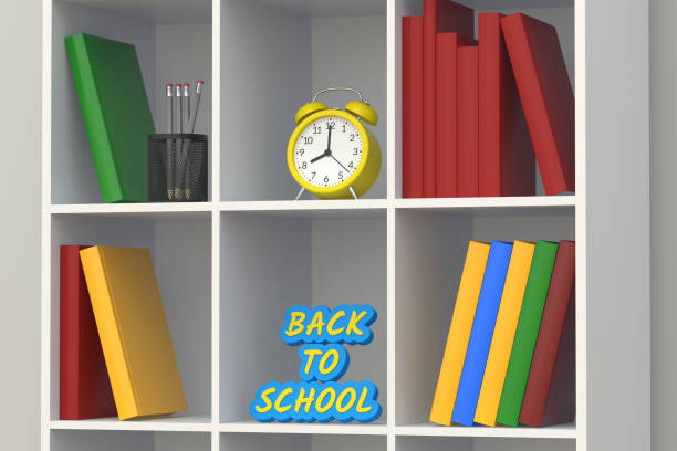 wort zurück zur schule und schreibwaren zubehör in bücherregalen. 3d-rendering - back to school equipment capital letter clock stock-fotos und bilder