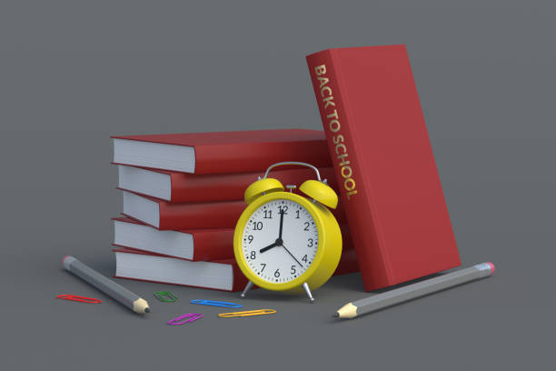 schreibwaren und wecker in der nähe von büchern mit aufschrift zurück zur schule. bildungskonzept. 3d-rendering - back to school equipment capital letter clock stock-fotos und bilder