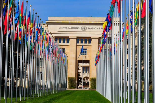 Rows of the United Nations member states flags in a front of Palace of United Nations in Geneva, Switzerland Geneva, Switzerland - April 11, 2022: Rows of the United Nations member states flags in a front of Palace of United Nations in Geneva, Switzerland unesco organised group stock pictures, royalty-free photos & images