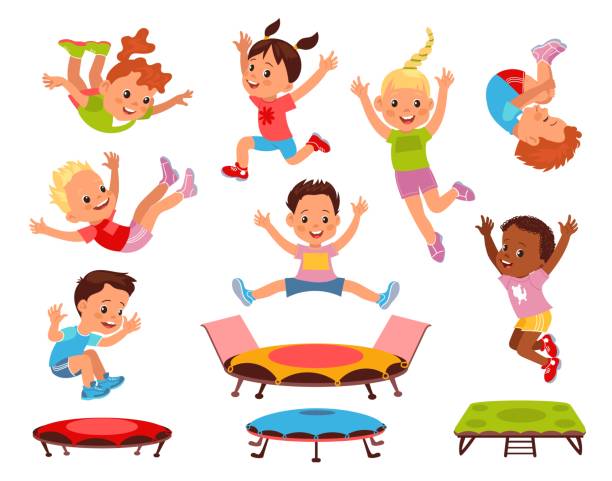 stockillustraties, clipart, cartoons en iconen met cartoon children jumping on trampolines. little boys and girls on playground. kids activity. energetic pastime. teenagers bouncing and falling poses. active teens games. splendid vector set - girls gym
