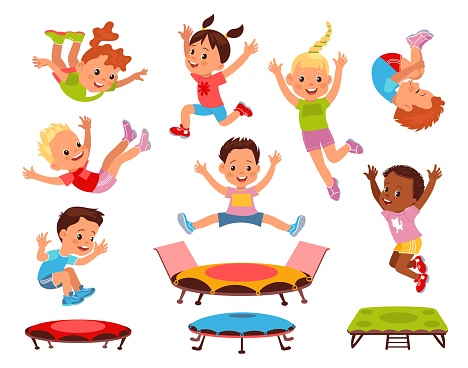 Cartoon children jumping on trampolines. Little boys and girls on playground. Kids activity. Energetic pastime. Teenagers bouncing and falling poses. Active teens games. Splendid vector set