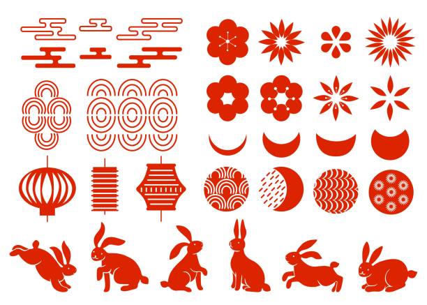 illustrazioni stock, clip art, cartoni animati e icone di tendenza di ornamenti tradizionali cinesi. conigli rossi di capodanno. diversi elementi decorativi tradizionali. nuvole di cielo o luna. simboli delle vacanze asiatiche. fiori di silhouette o lanterne. set vettoriale di classe - equipment group of objects space moon