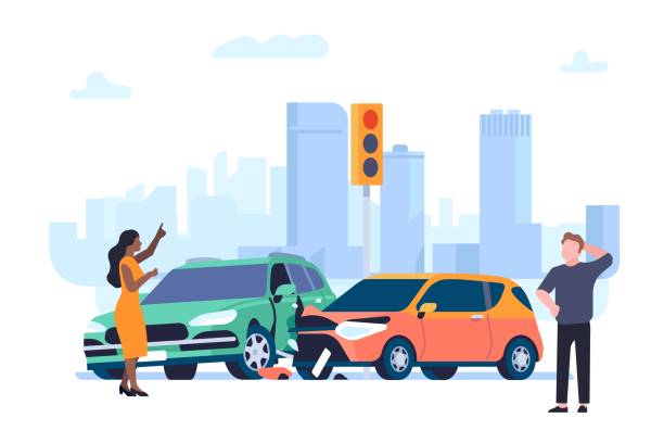 ilustraciones, imágenes clip art, dibujos animados e iconos de stock de accidente automovilístico. colisión automática. vehículos accidentados en cruces urbanos. gente discutiendo. tráfico rodado urbano. automóviles rotos con deformación de parachoques. seguro de transporte. concepto vectorial - choque