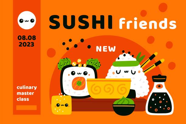 ilustraciones, imágenes clip art, dibujos animados e iconos de stock de lindo póster de rollos de sushi. personajes de comida japonesa de dibujos animados kawaii. onigiri cómico y tofu. mariscos con arroz. clase magistral culinaria. composición de wasabi y salsa de soja. concepto vectorial chillón - japanese cuisine soy sauce food bonito