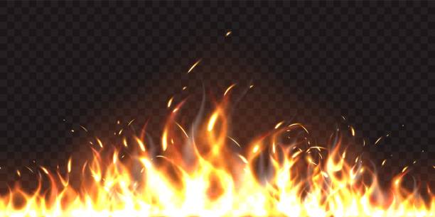 Horizontal seamless fire. Realistic burning background. Orange blazing flame with sparks. Wildfire fiery border. Combustion effect. Flammable and hot. Dangerous ignition. Vector concept Horizontal seamless fire. Realistic burning background. Orange blazing flame with sparks. Fiery border. Wildfire or campfire. Combustion effect. Flammable and hot. Dangerous ignition. Vector concept flame borders stock illustrations