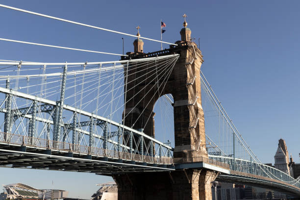 Roebling Suspension Bridge. The Roebling Bridge connects Cincinnati with Newport, Kentucky over the Ohio River. Cincinnati - Circa June 2022: Roebling Suspension Bridge. The Roebling Bridge connects Cincinnati with Newport, Kentucky over the Ohio River. hamilton ohio photos stock pictures, royalty-free photos & images